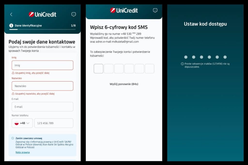 założenie konta UniCredit w aplikacji